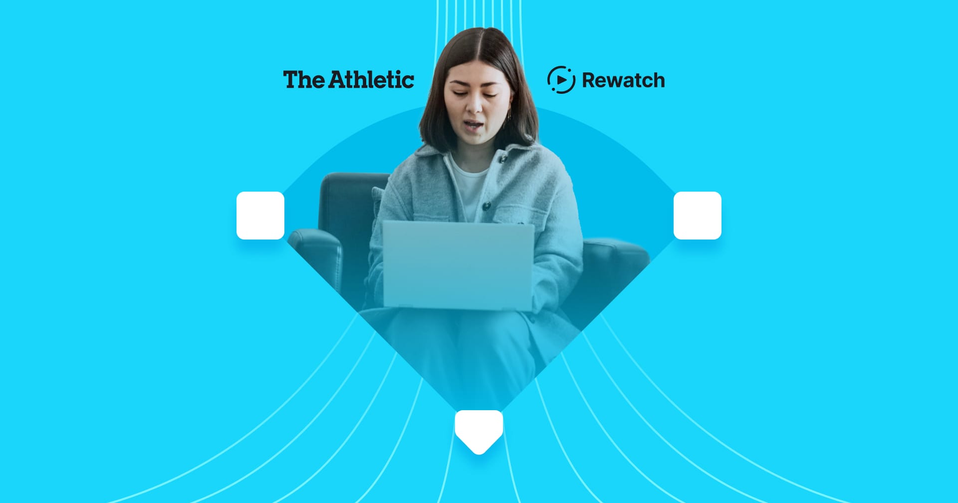 A woman working on a computer with a baseball diamond shape behind her on a teal background