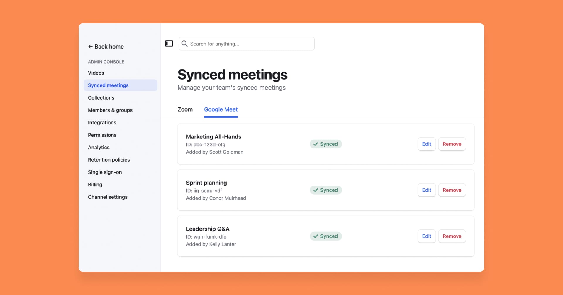 the Rewatch interface with synced meetings settings open for Google Meet
