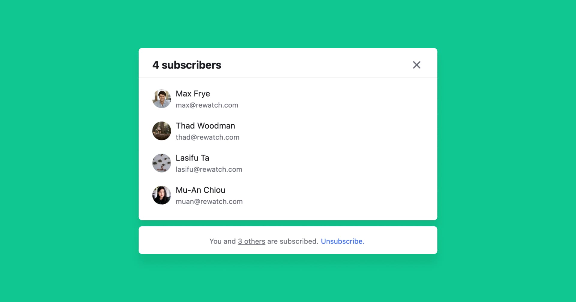 A modal showing comment subscribers in Rewatch