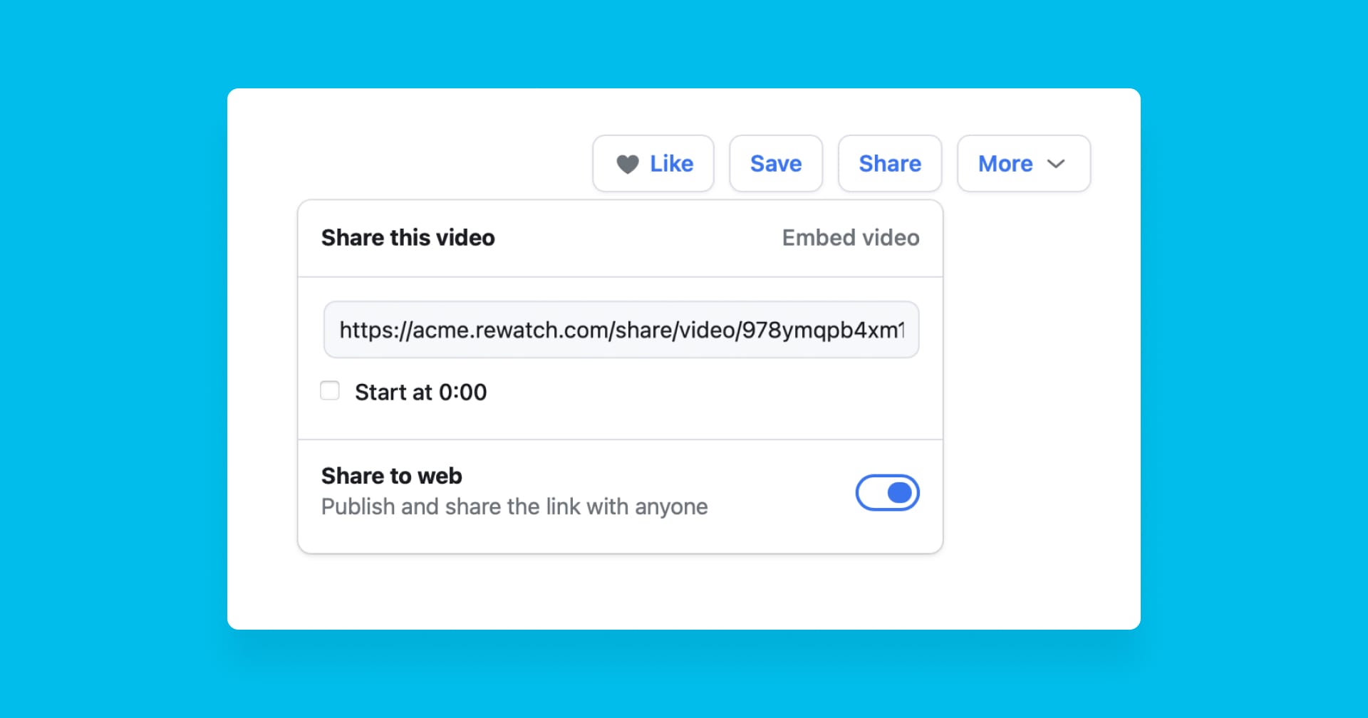 A modal with Rewatch's video sharing information