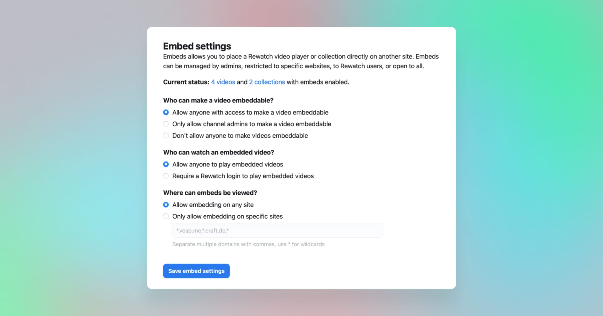 A modal with Rewatch's embed settings