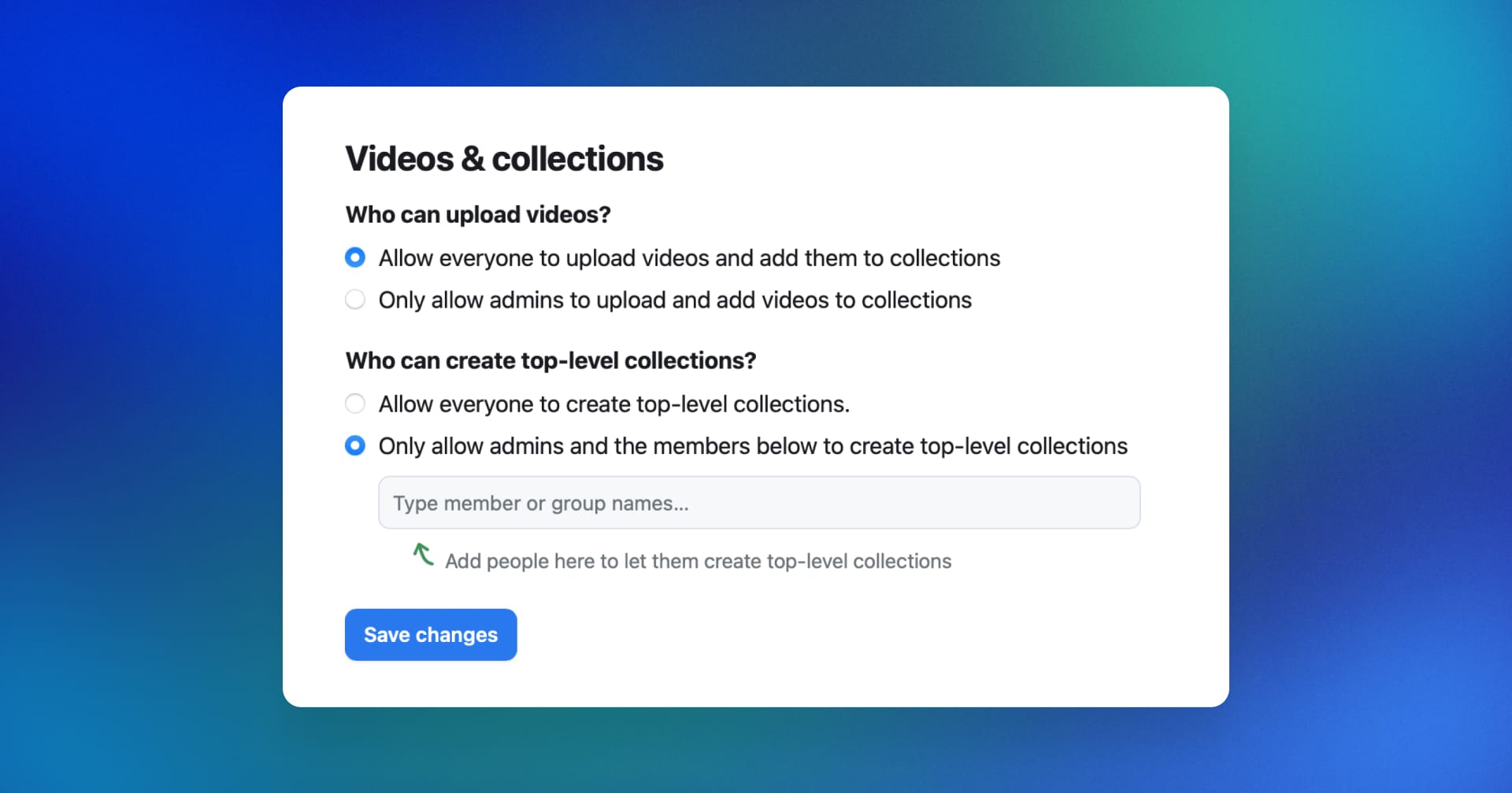 A modal with Rewatch's upload and collection permission controls
