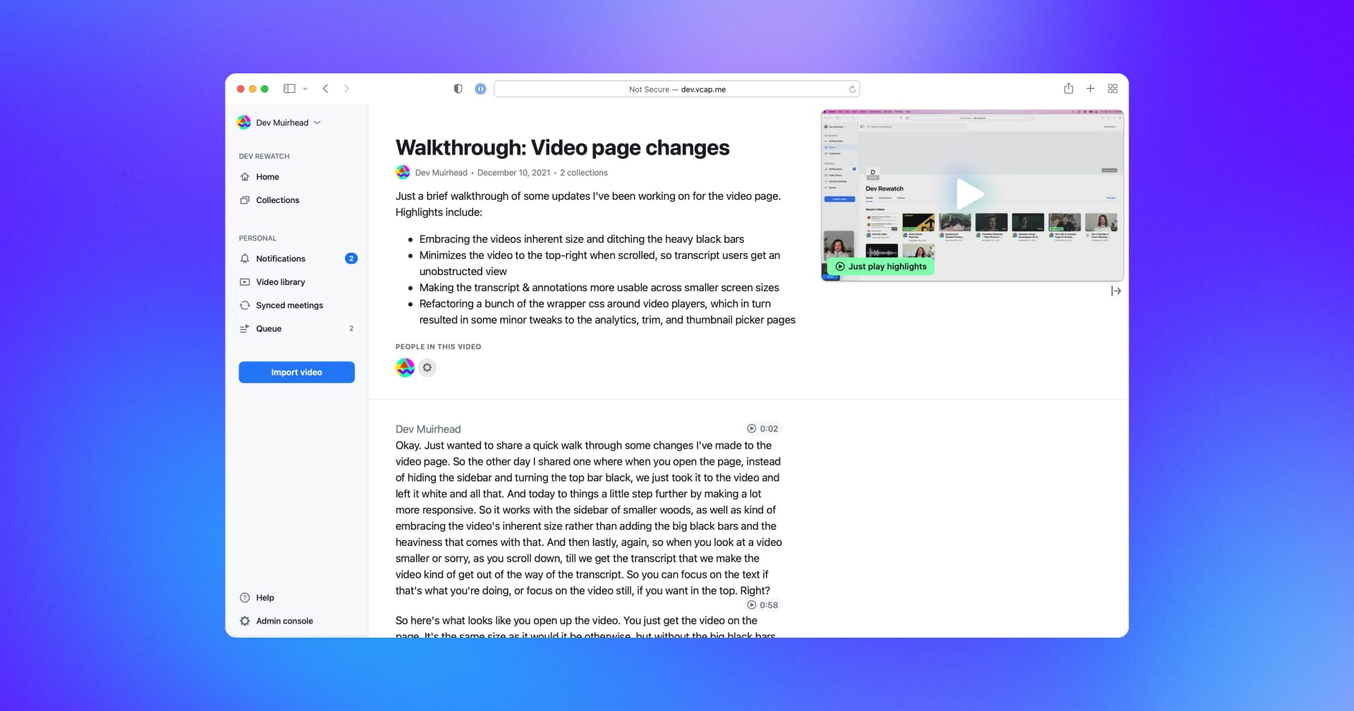 a browser window with the Rewatch web app open and the transcript featured