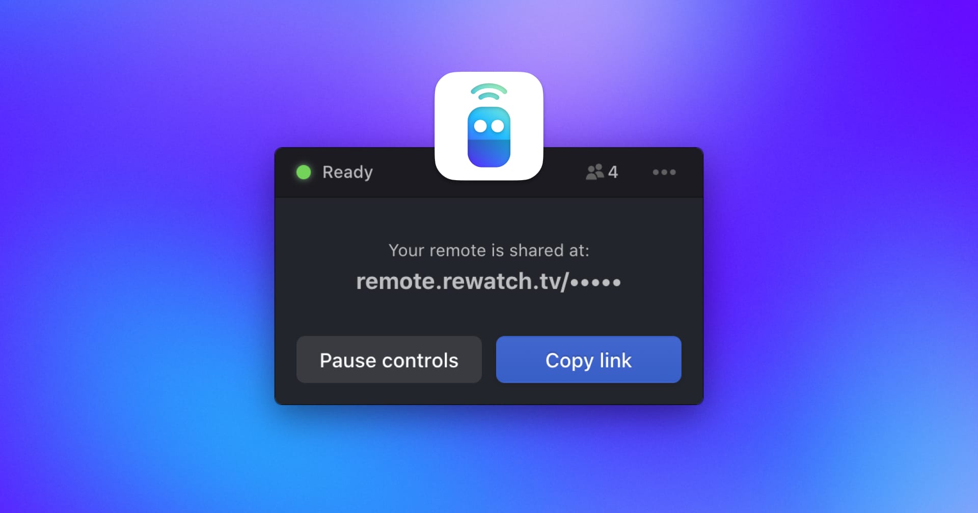 A screenshot of the Rewatch Remote UI in a modal window on a blue, purple, and teal background