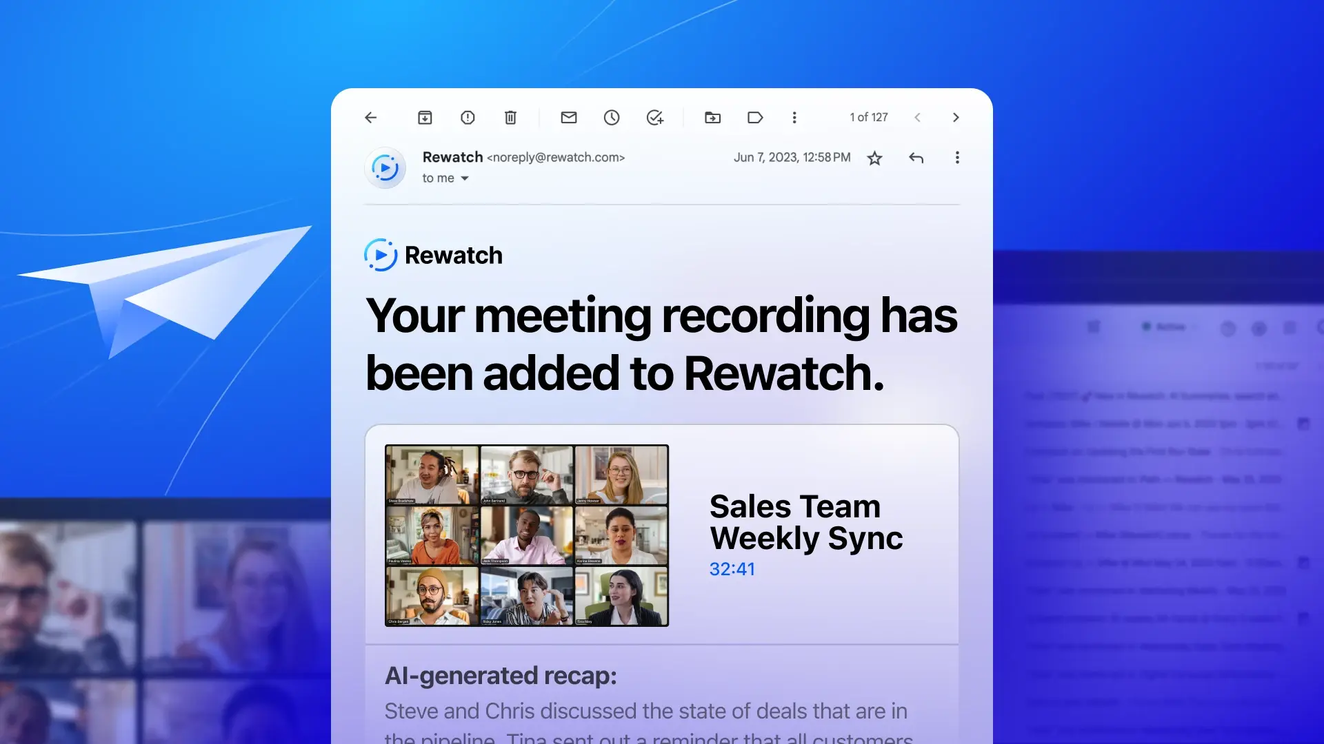 Image of a email notification from Rewatch with a meeting link and AI-generated summary content.